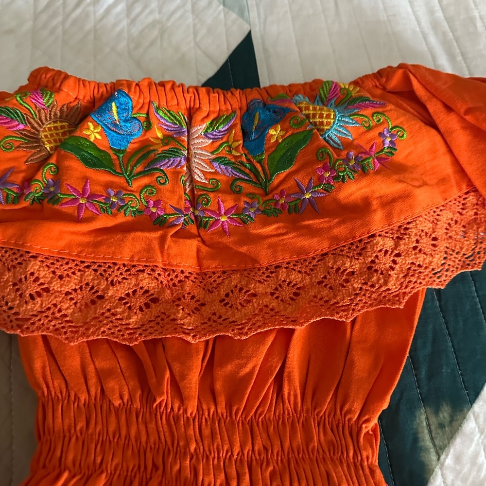 Orange Off-Shoulder Top with Floral Embroidery